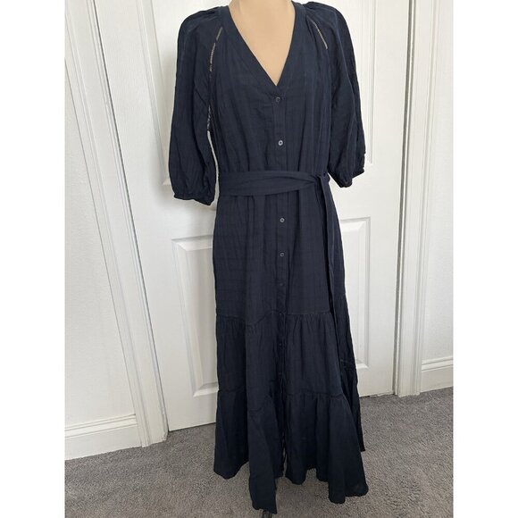 MADEWELL Tie-Waist Tiered Midi Dress Windowpane Navy Blue Button Up Size 8 - Picture 5 of 16